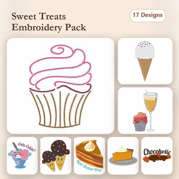Sweet Treats & Desserts Embroidery Designs Bundle – Cupcake, Ice Cream Cone, Sundae & More (17 Designs)