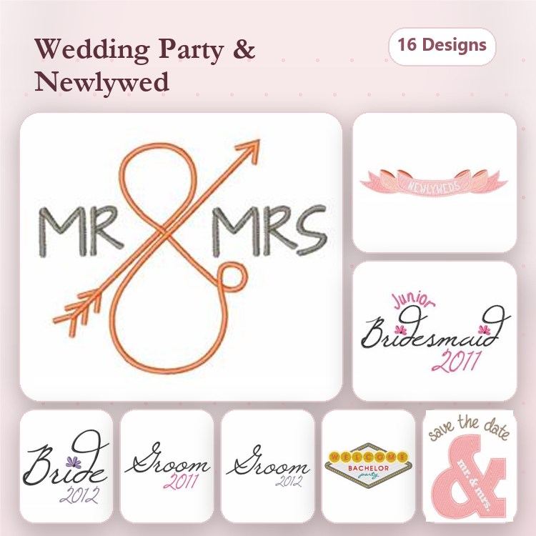 Wedding Embroidery Designs Bundle – Mr & Mrs, Bride, Groom, Bridesmaid & More (16 Designs)