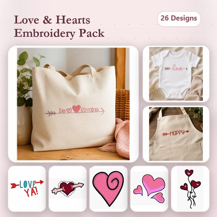 Love and Hearts Embroidery Designs Bundle – Love Ya, Heart, Happy, & More (26 Designs)