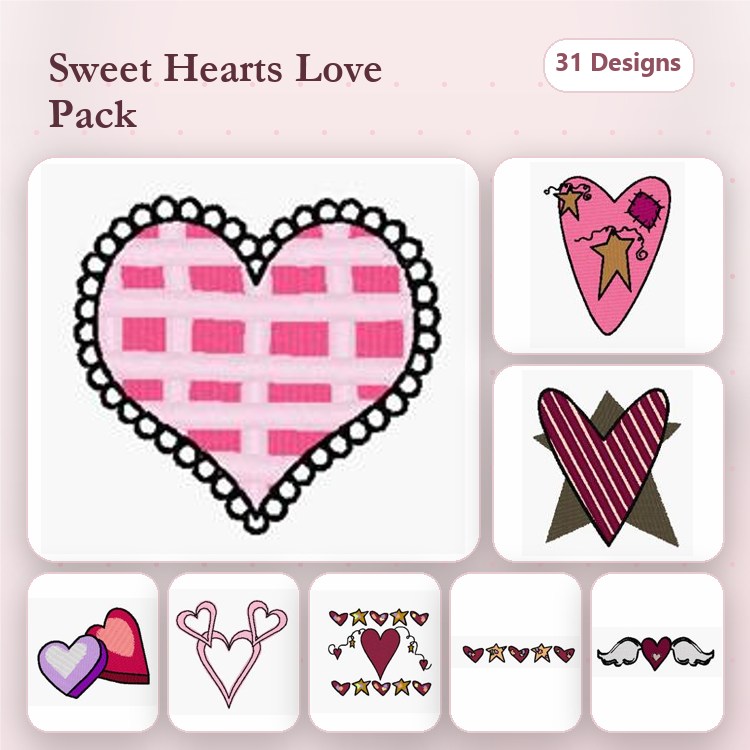 Heart Embroidery Designs Bundle – Pink Plaid Heart, Red Heart with Leaves, Striped Heart & More (31 Designs)