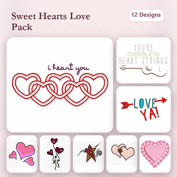 Redwork Heart Embroidery Designs Bundle – Intertwined Hearts, Love Ya Text, Heart with Arrow & More (12 Designs)