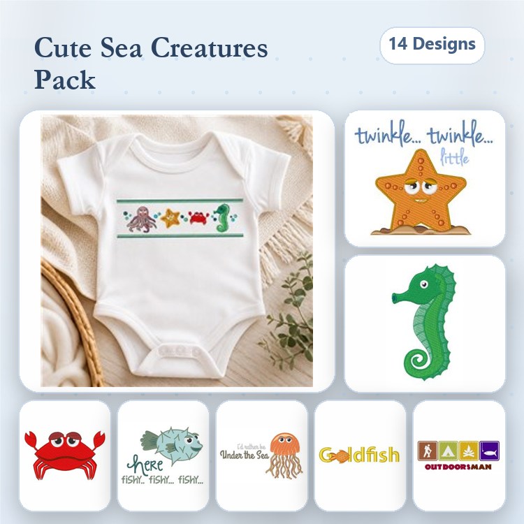 Sea Creatures Embroidery Bundle – Crab, Seahorse, Octopus, Starfish & More (14 Designs)