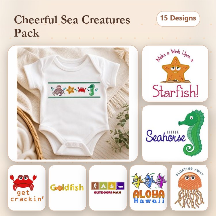 Cheerful Sea Creatures Embroidery Bundle – Starfish, Seahorse, Crab, Goldfish & More (15 Designs)