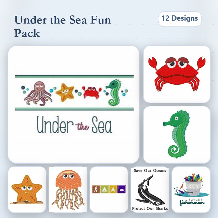 Under the Sea Embroidery Designs Bundle – Octopus, Starfish, Crab, Sea Horse, Jellyfish & More (12 Designs)