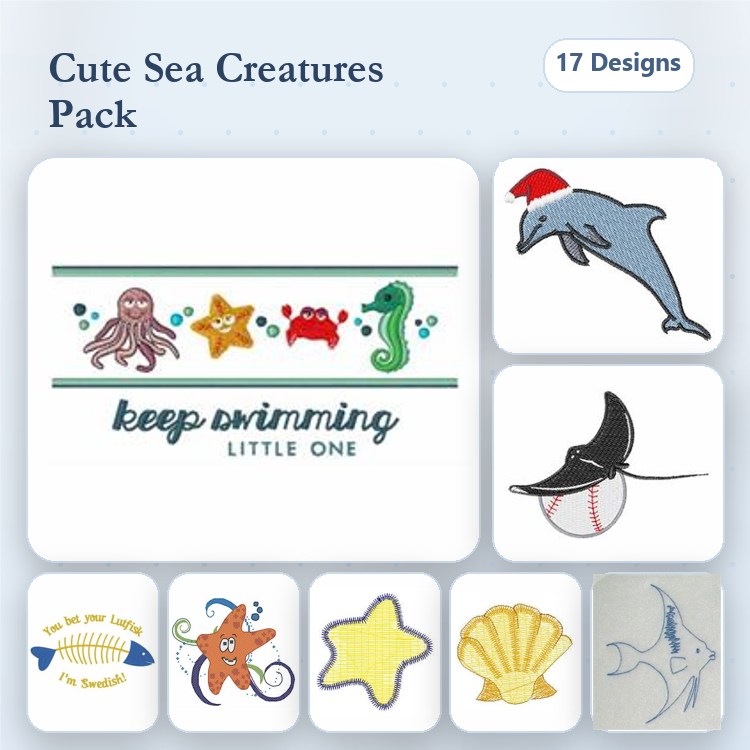 Cute Sea Creatures Embroidery Designs Bundle – Octopus, Starfish, Crab, Seahorse & More (17 Designs)