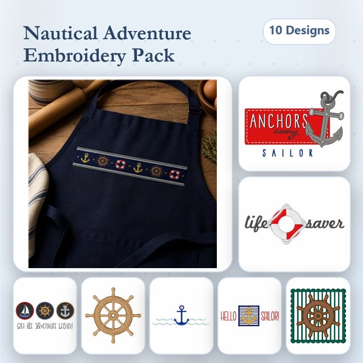 Nautical Embroidery Designs Bundle – Anchor, Life Saver, Ship Wheel & More (10 Designs)