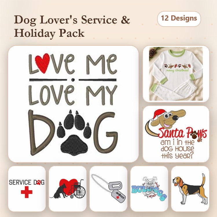 Dog & Christmas Embroidery Bundle – Santa Paws & Service Dog Designs (12 Designs)