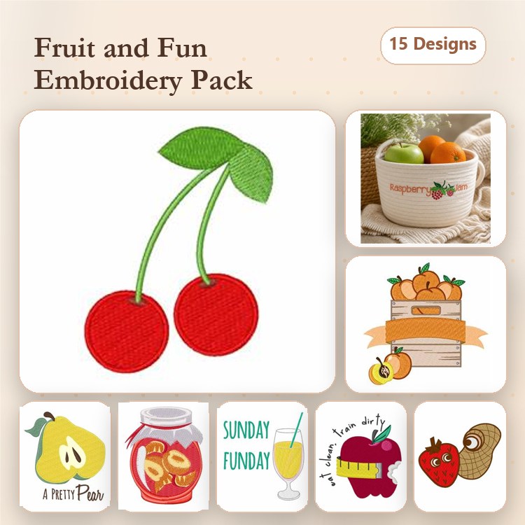Fruit-Themed Embroidery Designs Bundle – Cherry Duo, Pear with Text, Fruit Jar & More (15 Designs)