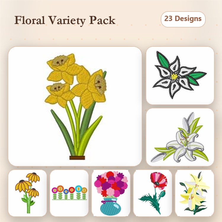 Floral Embroidery Bundle – Daffodil, Lily, Rose, & Colorful Flower Bouquet (23 Designs)