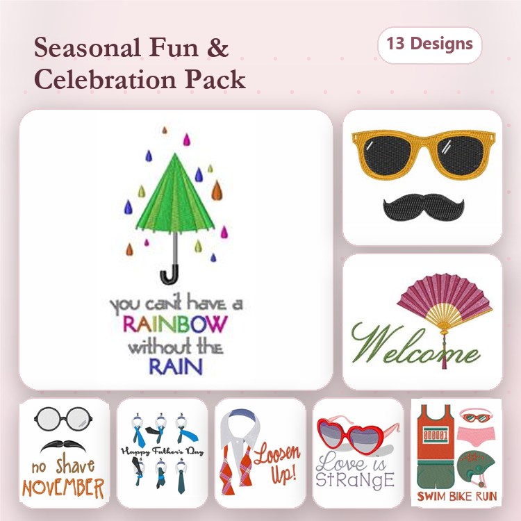 Seasonal Fun Embroidery Designs Bundle – Umbrella with Raindrops, Sunglasses with Mustache, Welcome Sign & More (13 Designs)