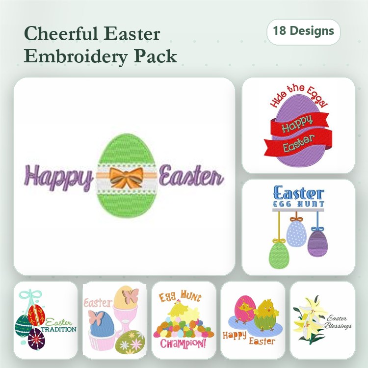 Cheerful Easter Embroidery Designs Bundle – Happy Easter Egg, Easter Bunny, Colorful Easter Eggs & More (18 Designs)