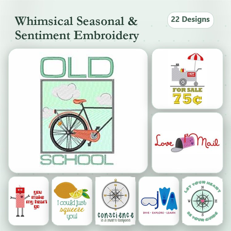 Sentimental Bicycle & Heart Embroidery Designs Bundle – Old School Bicycle, Love Mail, You Light Up My Life & More (22 Designs)