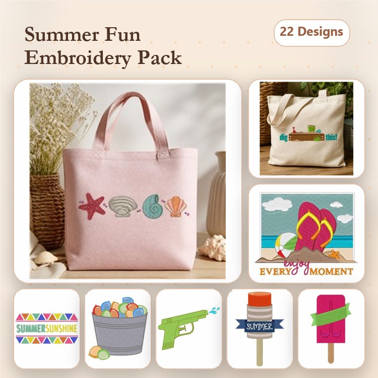 Summer-themed Embroidery Designs Bundle – Starfish, Seashell, Ice Cream Cone & More (22 Designs)