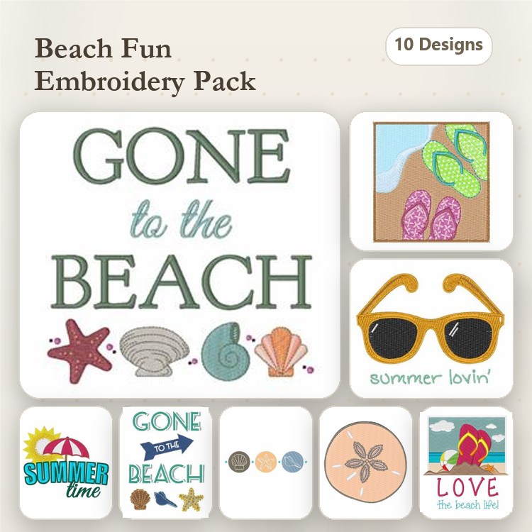 Beach-Themed Embroidery Designs Bundle – Gone to the Beach, Summer Lovin' Sunglasses, Flip Flops & More (10 Designs)