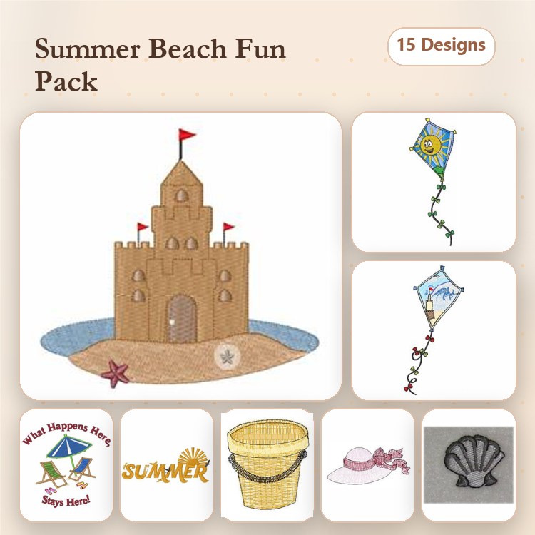 Beach-Themed Embroidery Designs Bundle – Sandcastle, Kite, Beach Bucket & More (15 Designs)