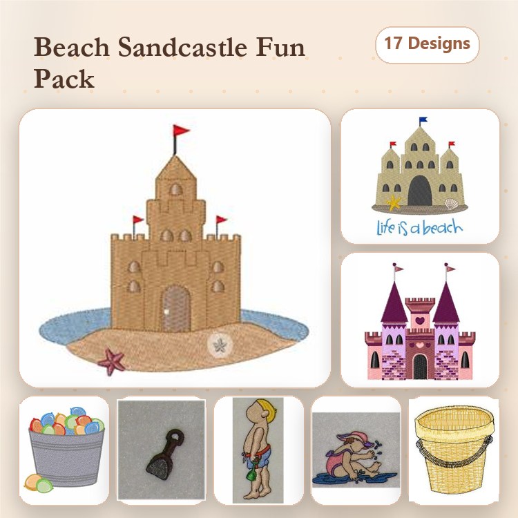 Beach-themed Sandcastle Embroidery Designs Bundle – Sandcastle, Life's a Beach, Castle with Flags & More (17 Designs)