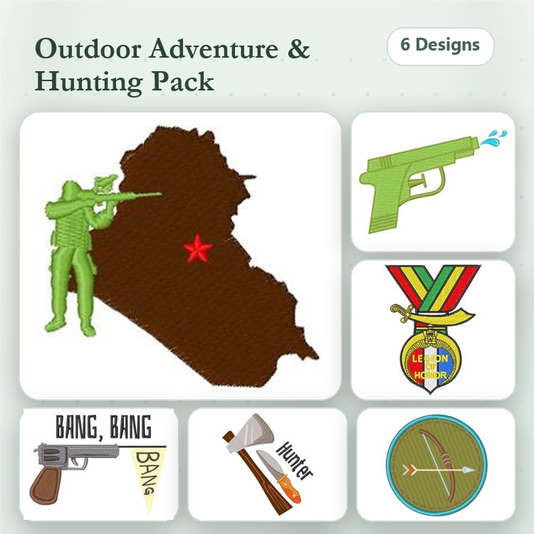 Outdoor Adventure Embroidery Designs Bundle – Military Soldier, Map of Iraq, Water Gun & More (6 Designs)