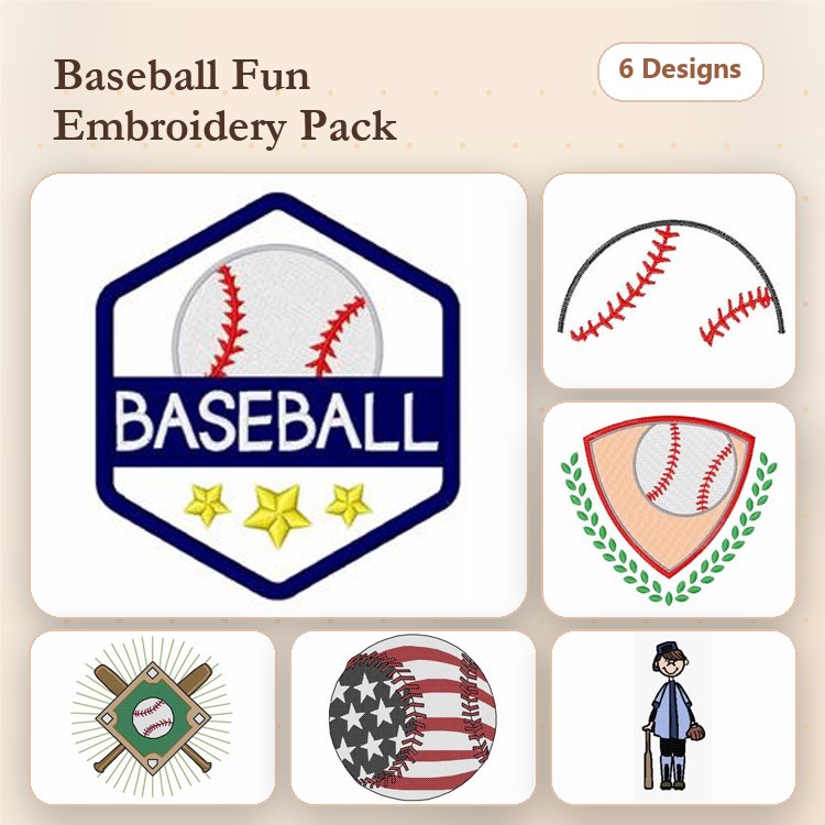 Baseball Embroidery Designs Bundle – Baseball Emblem, Shield, Player & More (6 Designs)