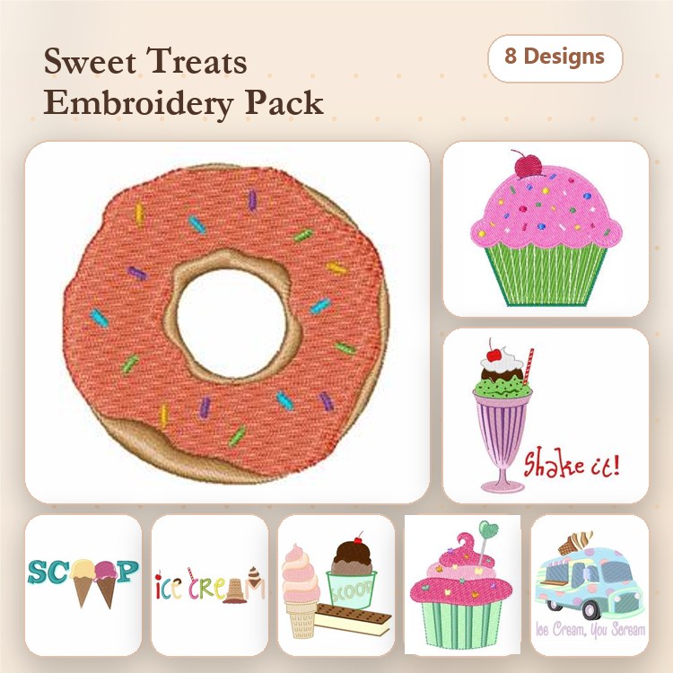 Sweet Treats Embroidery Designs Bundle – Donut, Cupcake, Sundae & More (8 Designs)