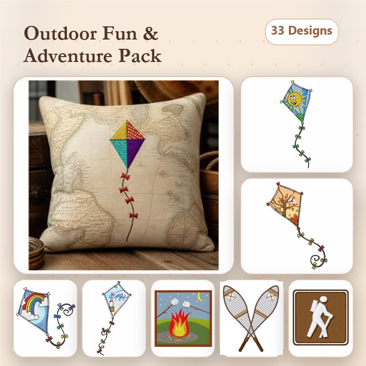 Kite & Outdoor Adventure Embroidery Designs Bundle – Kite with Rainbow, Campfire, Fishing Nets & More (33 Designs)