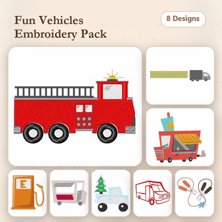 Fun Vehicles Embroidery Designs Bundle – Fire Truck, Food Truck, Delivery Truck & More (8 Designs)
