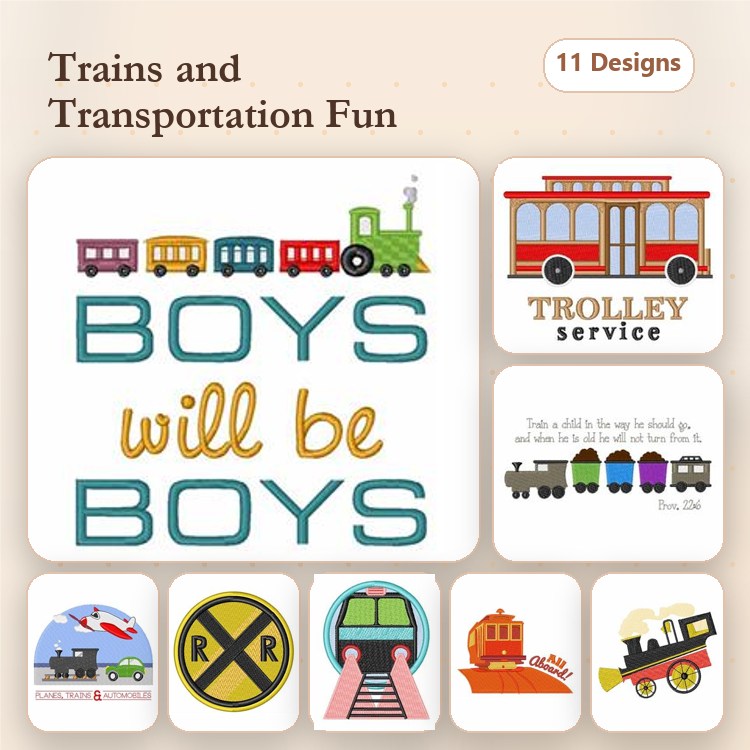 Bichon Frise & Train Embroidery Bundle – Holiday and Transport Themes (11 Designs)