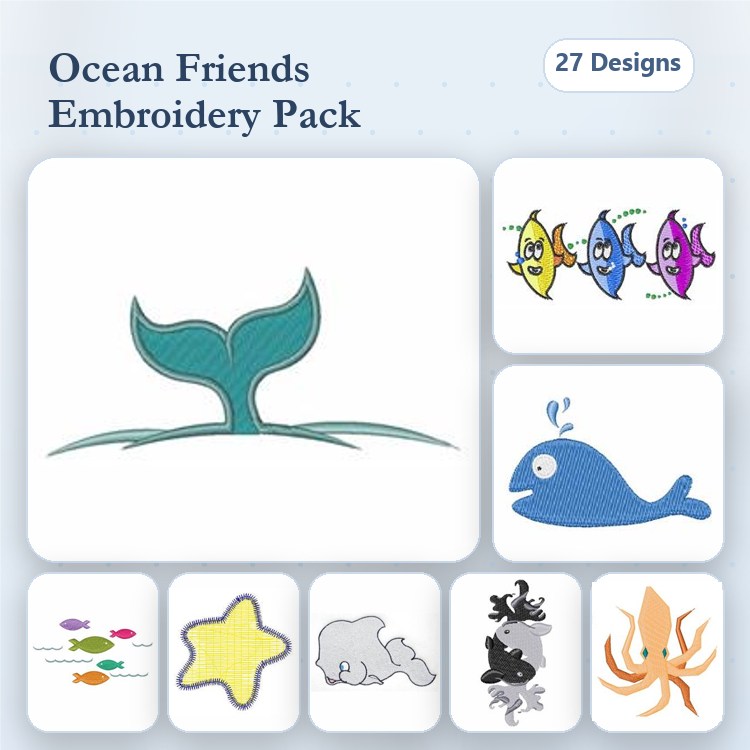 Ocean-themed Embroidery Designs Bundle – Whale, Fish School, Starfish & More (27 Designs)