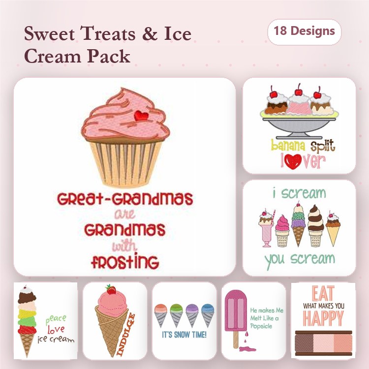 Sweet Treats & Ice Cream Embroidery Designs Bundle – Cupcake with Cherry, Banana Split, Ice Cream Cone & More (18 Designs)