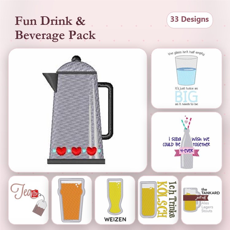 Fun Drinks Embroidery Bundle – Coffee Pot, Beer Glass, Funny Drink Quote & More (33 Designs)