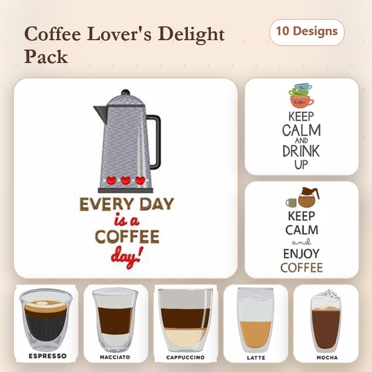 Coffee-themed Embroidery Designs Bundle – Coffee Pot, Every Day is a Coffee Day, Keep Calm & More (10 Designs)