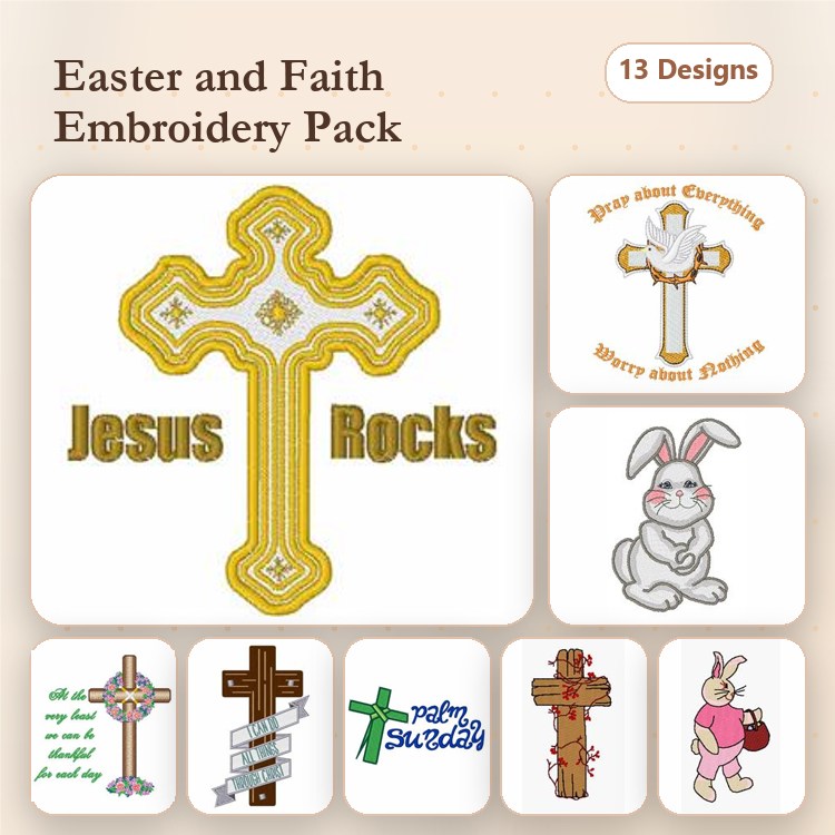 Easter & Faith Embroidery Designs Bundle – Floral Cross, Jesus Rocks Cross, Cross with Ribbon & More (13 Designs)