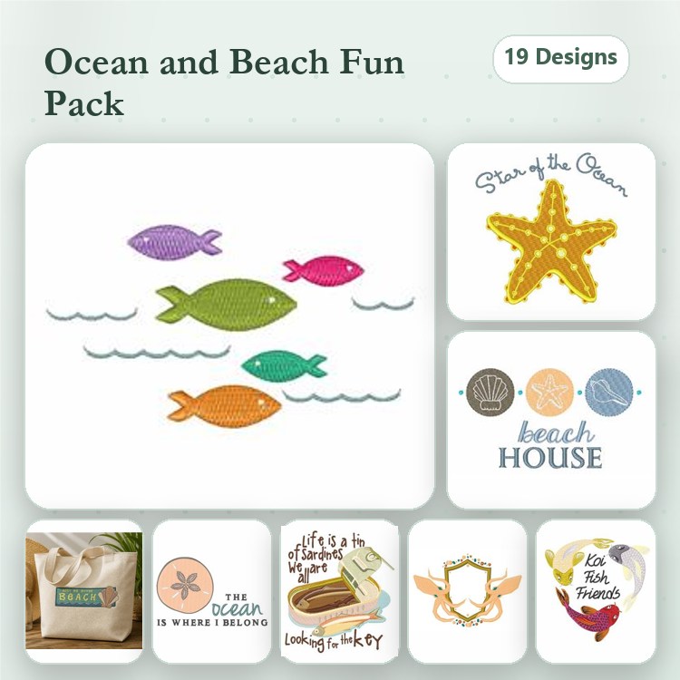 Ocean & Beach Embroidery Designs Bundle – Fish in Waves, Starfish, Beach House Sign & More (19 Designs)