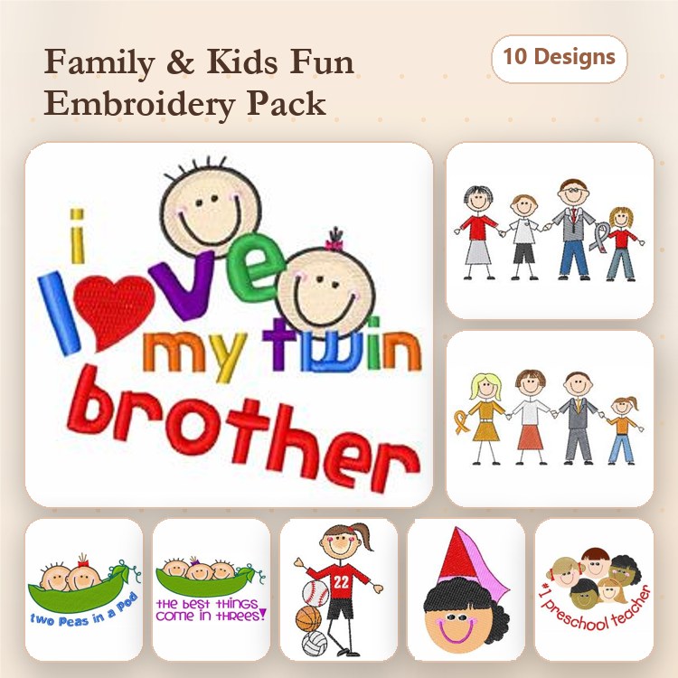 Family & Kids Embroidery Designs Bundle – I Love My Twin, Happy Family, Kids in Costumes & More (10 Designs)