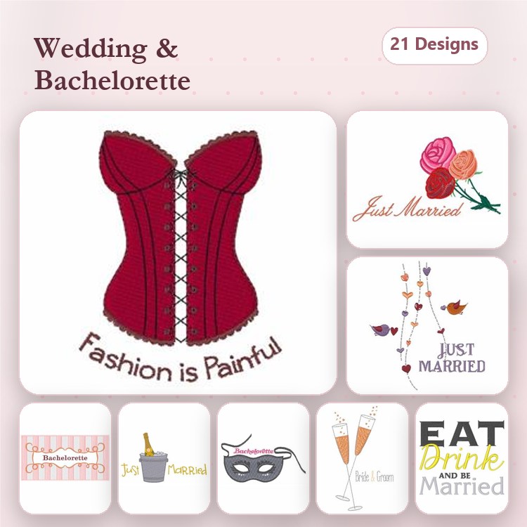 Wedding & Bachelorette Embroidery Designs Bundle – Corset, Just Married Rose, Bachelorette Drink & More (21 Designs)