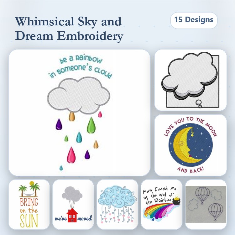 Clouds & Rainbows Embroidery Designs Bundle – Rainbow in a Cloud, Love You to the Moon and Back, & More (15 Designs)