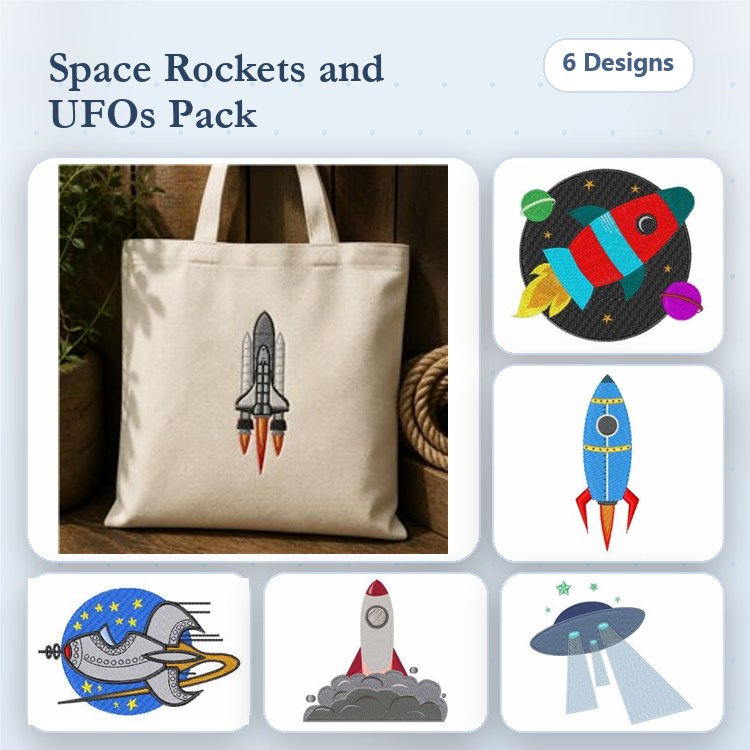 Space Rocket & UFO Embroidery Designs Bundle – Rocket Ship, UFO, Flying Saucer & More (6 Designs)