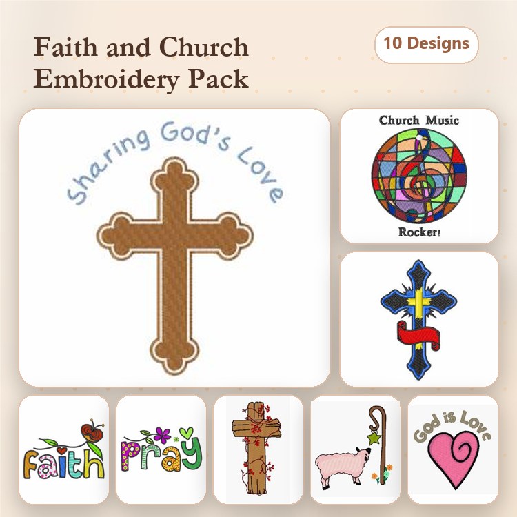 Faith and Church Embroidery Designs Bundle – Sharing God's Love Cross, God is Love Heart, Sheep & More (10 Designs)