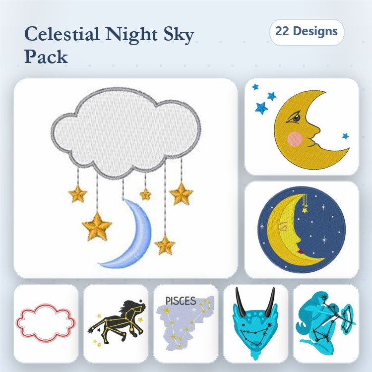 Celestial Night Sky Elements Embroidery Bundle – Cloud with Stars, Moon with Face, Crescent Moon & More (22 Designs)