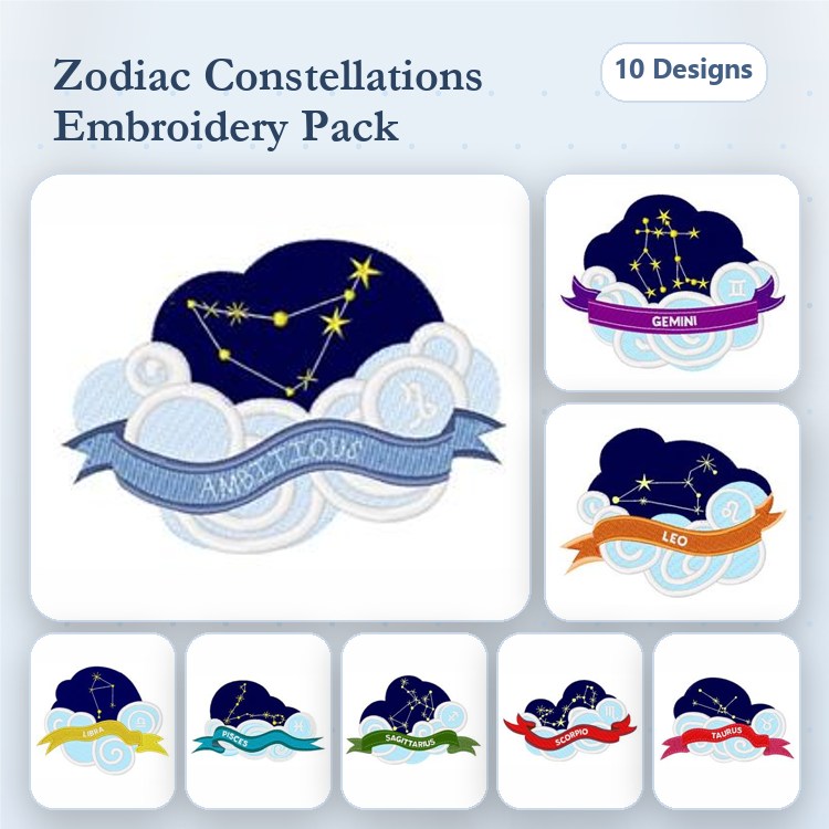 Zodiac Constellations Embroidery Designs Bundle – Gemini, Leo, Aquarius, Aries & More (10 Designs)