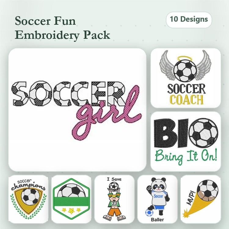 Soccer Themed Embroidery Designs Bundle – Soccer Girl, Soccer Coach, Panda with Soccer Ball & More (10 Designs)