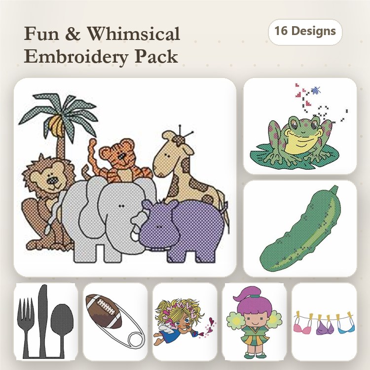 Bulldog, Elephant & Cheerleader Embroidery Bundle – Fun Designs (16 Designs)