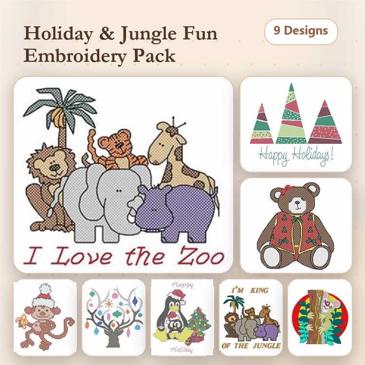 Holiday & Jungle Animals Embroidery Designs Bundle – Lion, Tiger Cubs, Happy Holiday Trees & More (9 Designs)