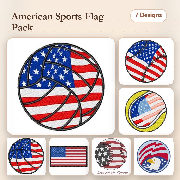 American Flag Sports Embroidery Designs Bundle – Basketball, Soccer Ball, Eagle & More (7 Designs)