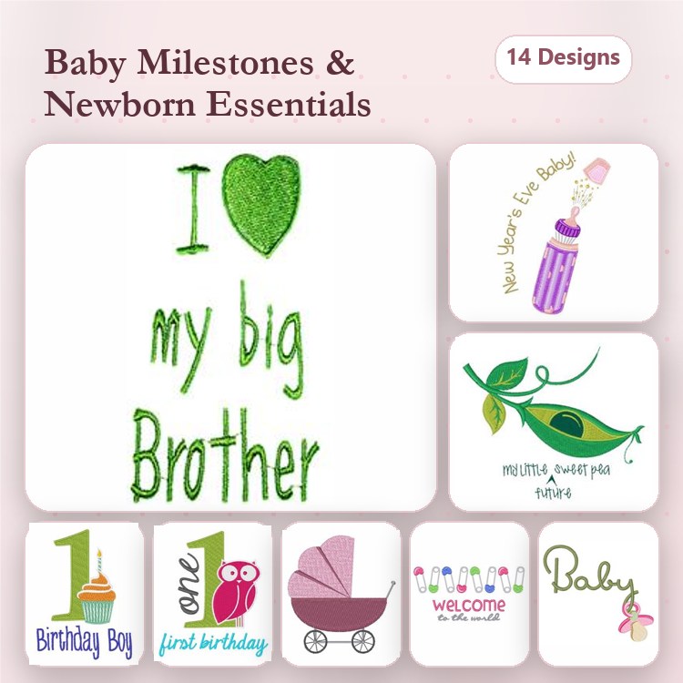 Baby Milestones Embroidery Designs Bundle – I Love My Big Brother, Birthday Boy, Welcome Baby & More (14 Designs)