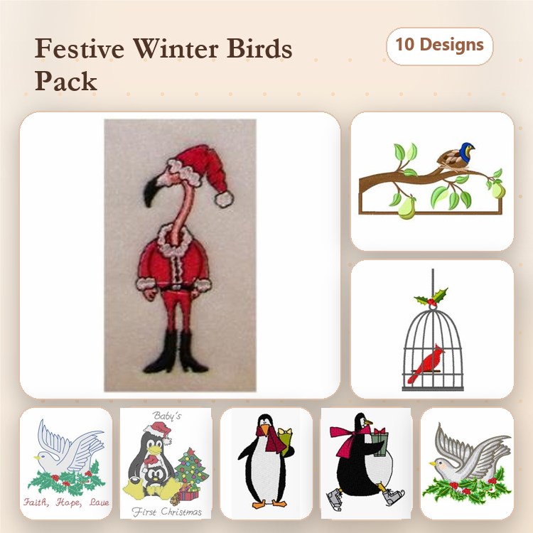 Festive Winter Birds Embroidery Designs Bundle – Santa Flamingo, Cardinal on Branch, Penguin with Gift & More (10 Designs)