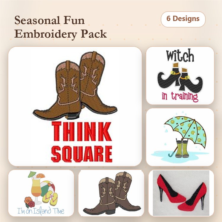 Seasonal Fun Embroidery Designs Bundle – Cowboy Boots, Witch in Training, Umbrella & More (6 Designs)
