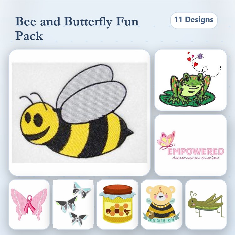Bee & Butterfly Embroidery Designs Bundle – Smiling Bee, Colorful Butterfly, Cheerful Teddy Bear & More (11 Designs)