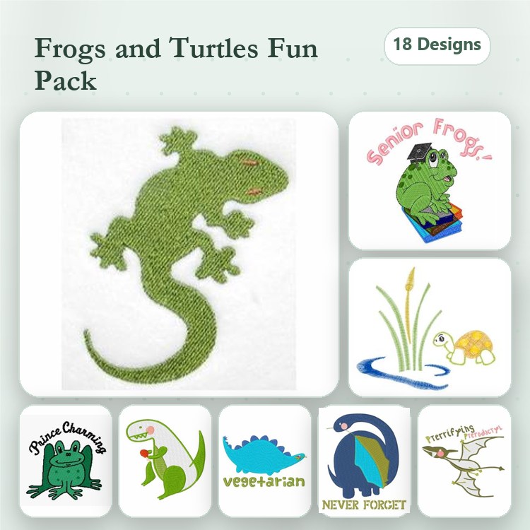 Frogs & Turtles Embroidery Designs Bundle – Green Frog, Turtle, Senior Froggy & More (18 Designs)