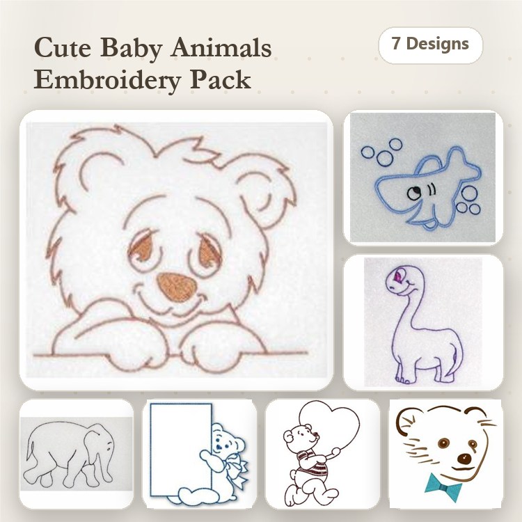 Redwork Cute Baby Animals Embroidery Designs Bundle – Laughing Bear, Whale with Splash, Teddy Bear with Heart & More (7 Designs)