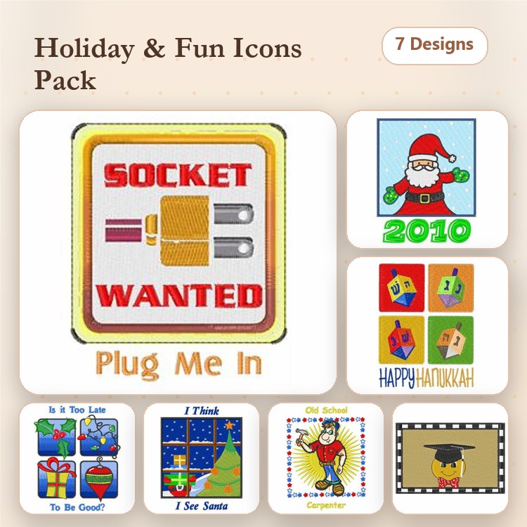 Holiday and Fun Icons Embroidery Designs Bundle – Socket Wanted, Santa Claus, Happy Hanukkah & More (7 Designs)